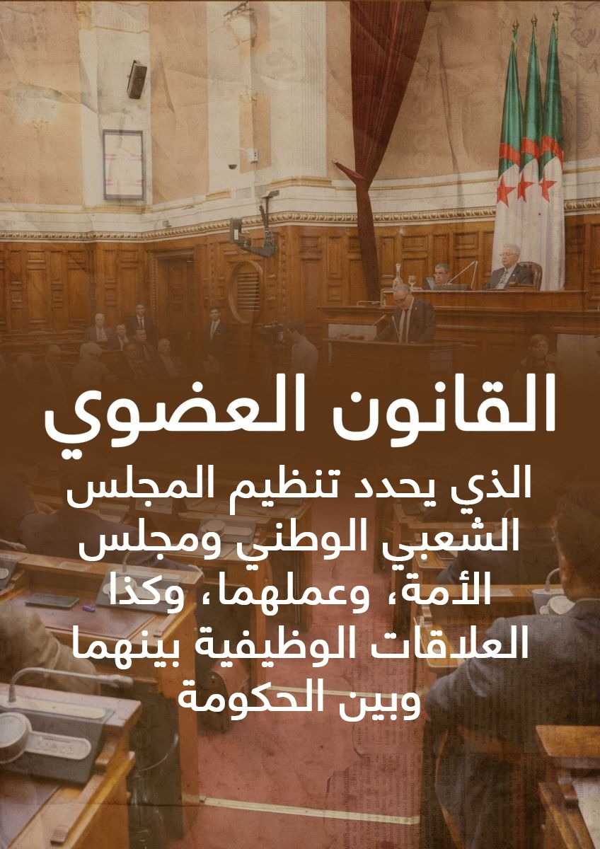 القانون العضوي رقم 16-12 الذي يحدد تنظيم المجلس الشعبي الوطني ومجلس الأمة، وعملهما، وكذا العلاقات الوظيفية بينهما وبين الحكومة
